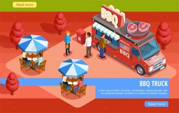 Food Trucks 2 Horizontal Isometric Banners