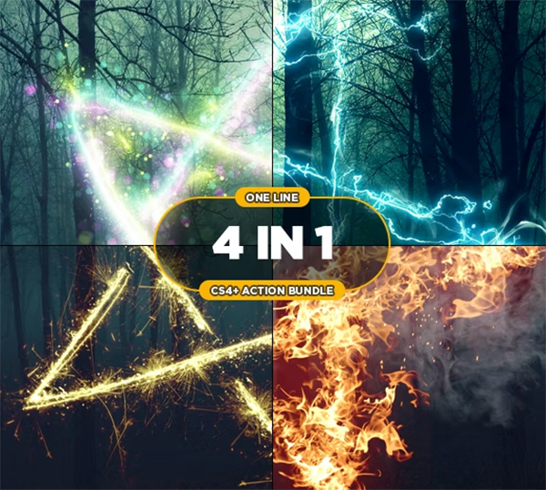4 in 1 One Line Photoshop Action Bundle