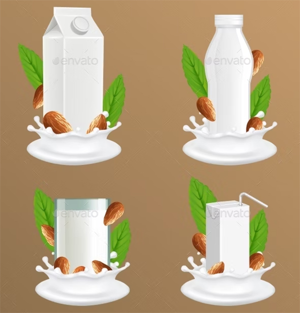 Almond Milk Package Vector Realistic Mockup Set Almond Milk Package Vector Realistic Mockup Set