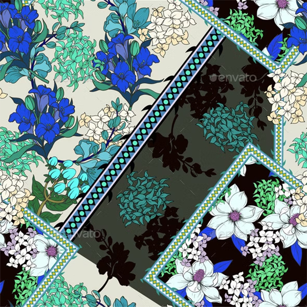Seamless Pattern with Patchwork Graphic Flowers