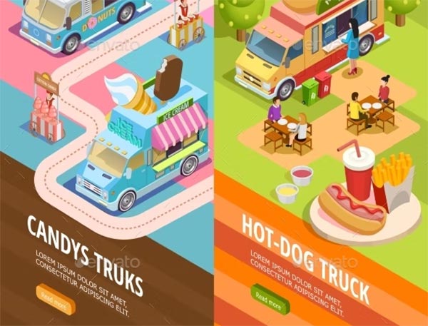 Food Trucks 2 Vertical Isometric Banners