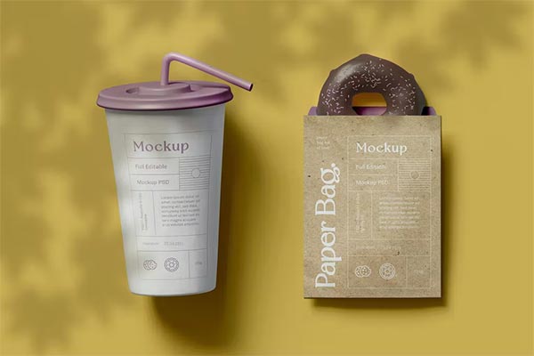 Paper Cup with Bag and Donut Mockup